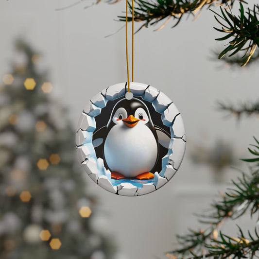 Christmas Penguin Cracked Ice Ceramic Ornaments