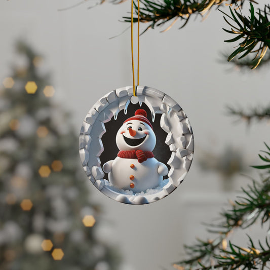 Christmas Snowman Cracked Ice Ceramic Ornament