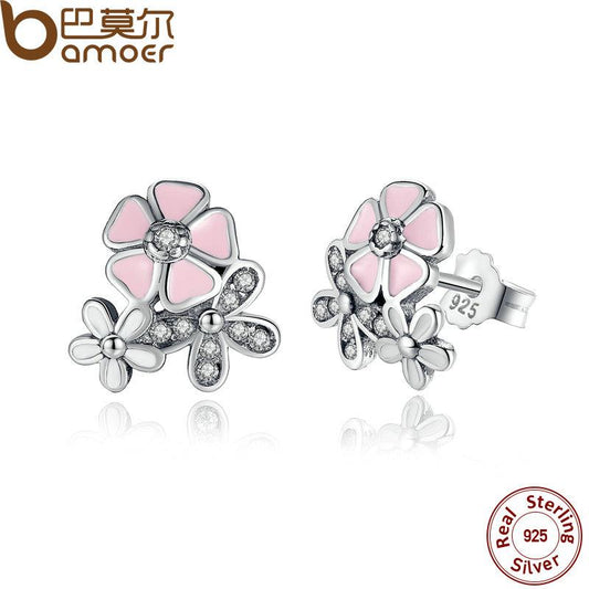 BAMOER 925 Sterling Silver Poetic Daisy Cherry Blossom Drop Earrings PAS461